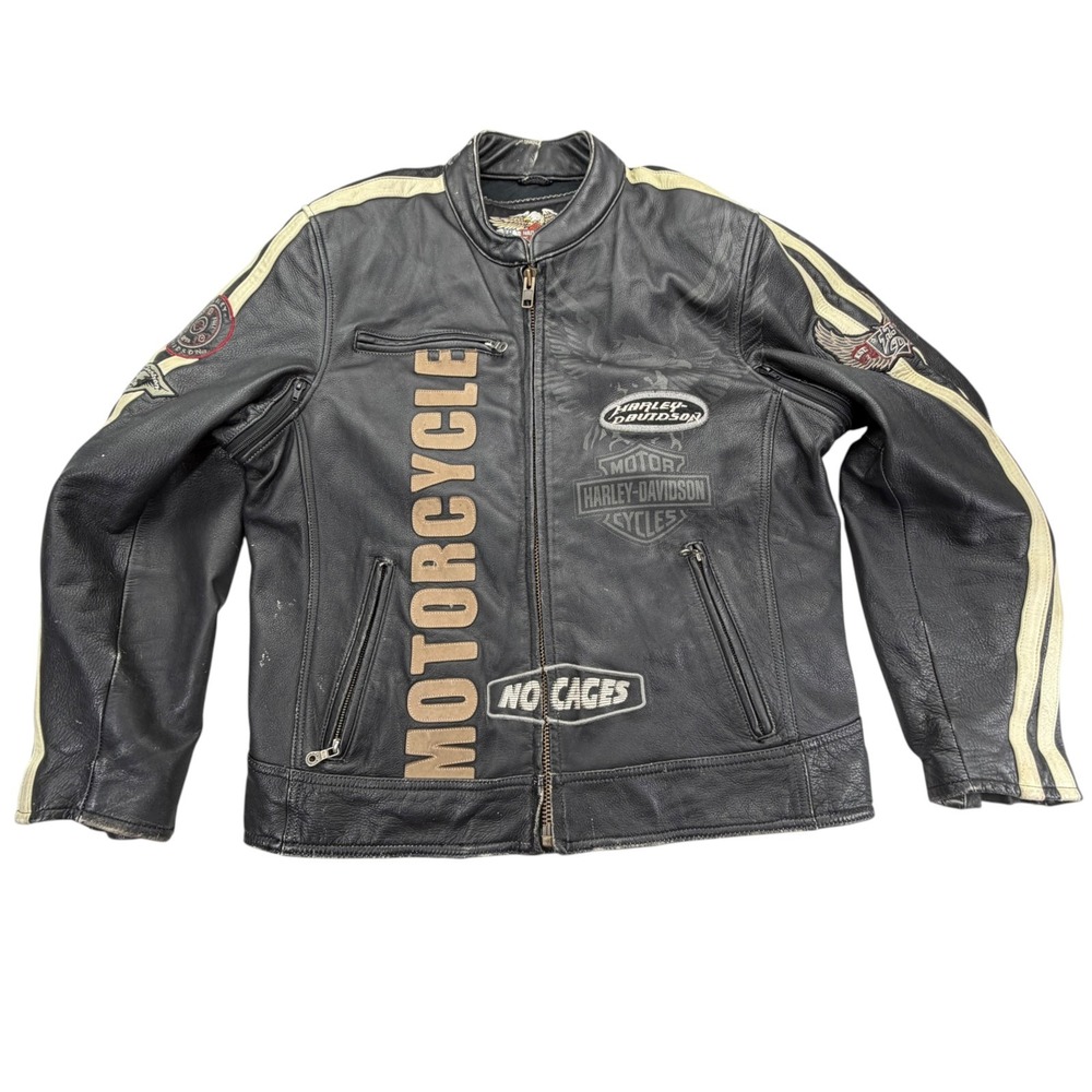 Harley Davidson No Cages Jacket Mens XL Black Leather Full Zip Motorcycle 2005